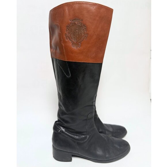 Etienne Aigner Two-Tone Black Brown Leather Riding Boots – US 7.5 – Stacked Heel - Picture 1 of 12